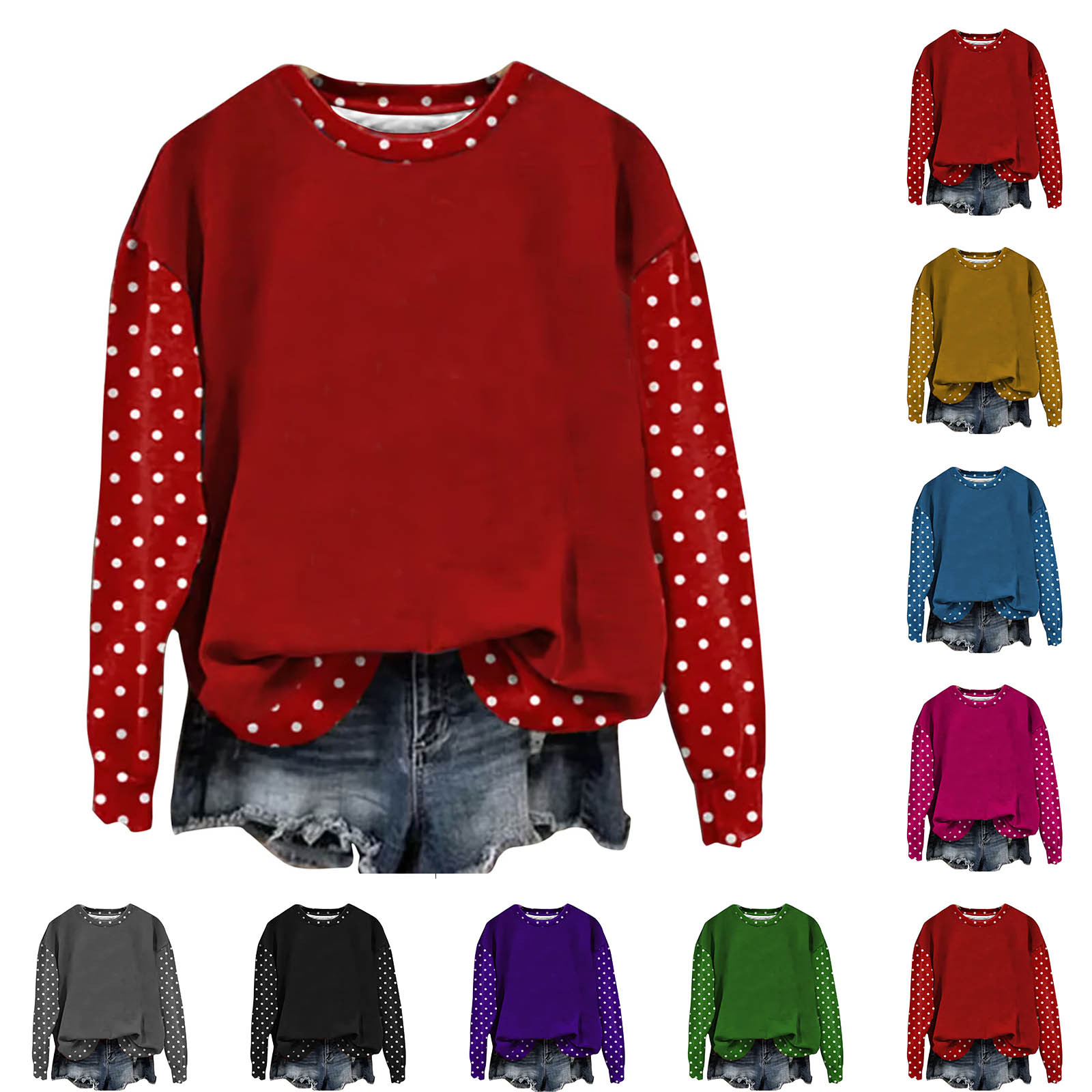 Jsaierl Womens Sweatshirts Cute Polka Dot Round Neck Sweatshirt Lightweight Pullover Work Long Sleeve Tops Winter Fashion S-2XL