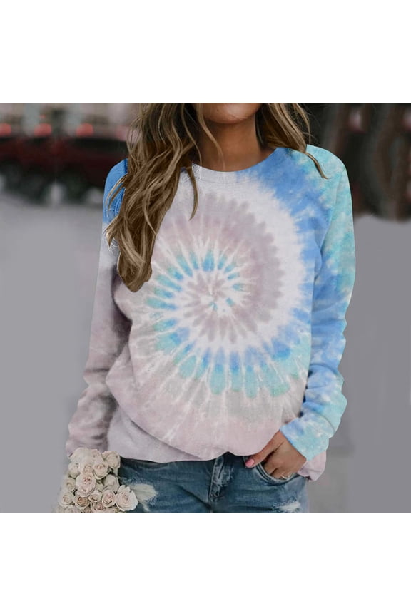 Womens Sweatshirts Cute Tie Dye Print Sweatshirts Round Neck Dressy Casual Pullover Tops Workout Long Sleeve Shirts