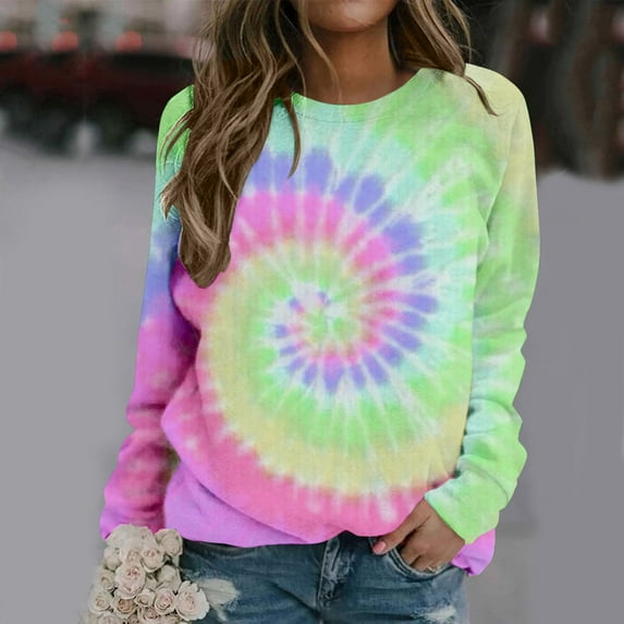 Jsaierl Womens Sweatshirts Cute Tie Dye Print Sweatshirts Round Neck Dressy Casual Pullover Tops Workout Long Sleeve Shirts