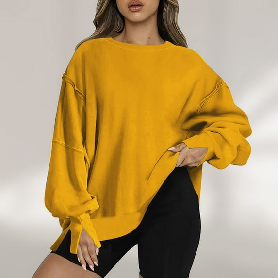 Jsaierl Womens Sweatshirts Loose Fit Solid Color Sweatshirts Round Neck Fall Sweater Tops Comfort Long Sleeve Shirts