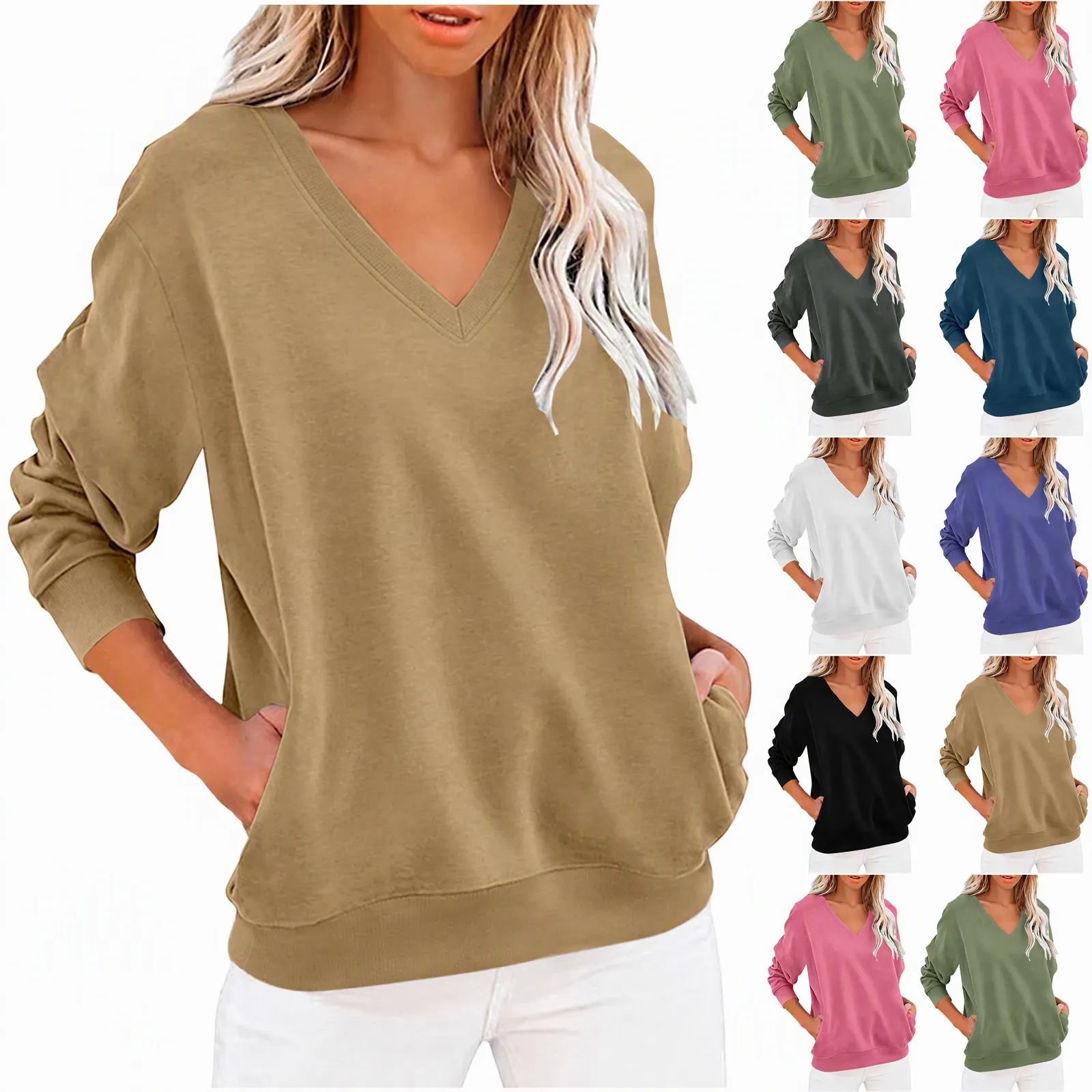 Jsaierl Womens Sweatshirts Plus Size Solid Color V Neck Sweatshirt Holiday Pullover Cotton Long Sleeve Shirts Early Fall Fashion S-2XL
