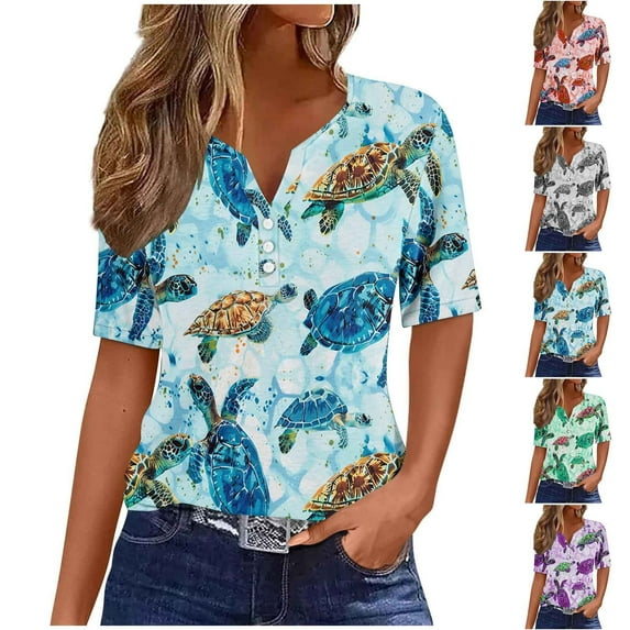 Jsaierl Womens T Shirts V Neck Buttons Down Tops Casual Sea Turtles Print Summer Tees Short Sleeve Loose Fit Tops Blouses