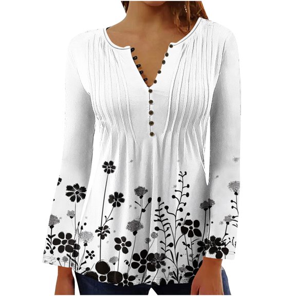 Jsaierl Womens Tops Hide Belly Shirts Fall Pleated Button V Neck T-Shirt Causal Empire Waist A-Line Long Sleeve Floral Tunic Tops