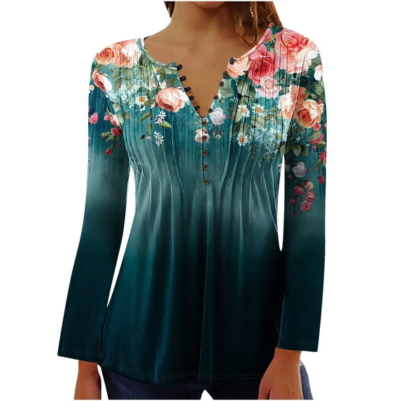 Jsaierl Womens Tops Hide Belly Shirts Fall Pleated Button V Neck T-Shirt Causal Empire Waist A-Line Long Sleeve Floral Tunic Tops