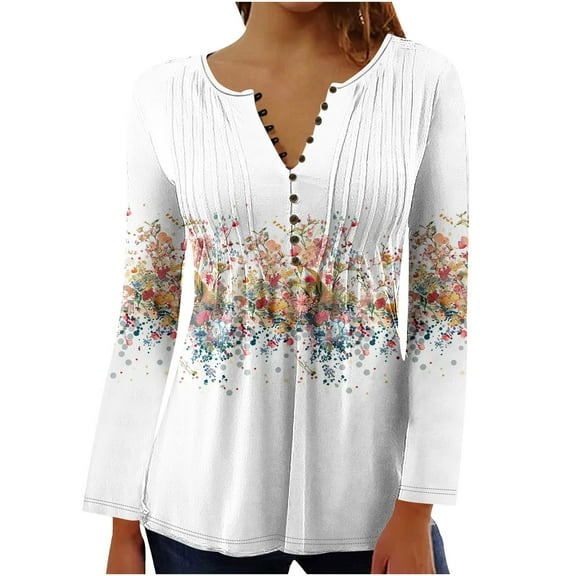 Jsaierl Womens Tops Hide Belly Shirts Fall Pleated Button V Neck T-Shirt Causal Empire Waist A-Line Long Sleeve Floral Tunic Tops