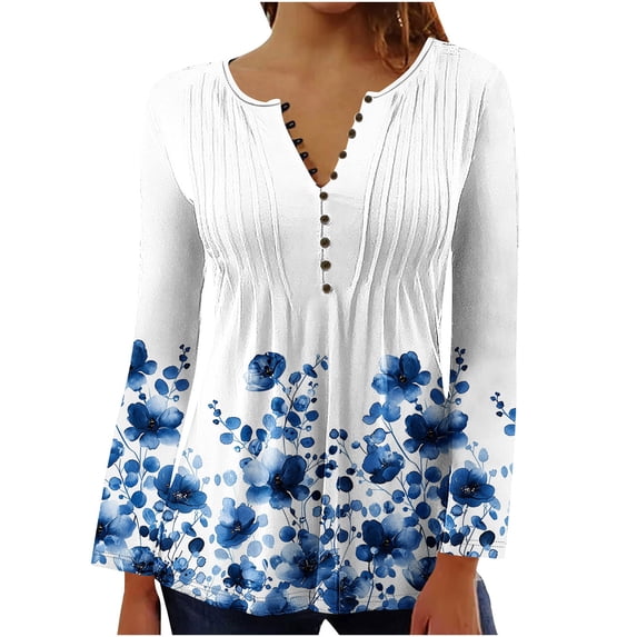 Jsaierl Womens Tops Hide Belly Shirts Fall Pleated Button V Neck T-Shirt Causal Empire Waist A-Line Long Sleeve Floral Tunic Tops