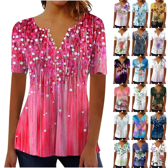 Jsaierl Womens Tops Hide Belly Shirts Summer Pleated Button V Neck Blouses Dressy Causal Empire Waist Floral Tunic Tops Plus Size S-5XL