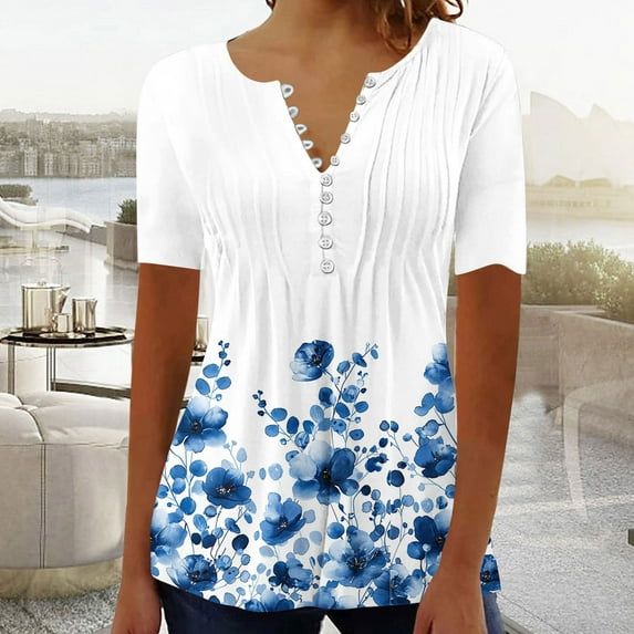 Jsaierl Womens Tops Hide Belly Shirts Summer Pleated Button V Neck T-Shirt Causal Empire Waist A-Line Floral Tunic Tops