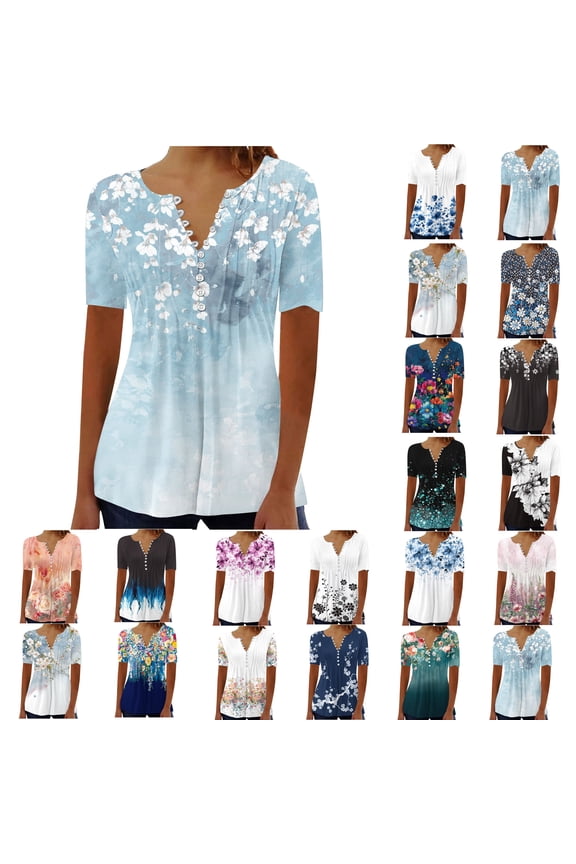 Womens Tops Hide Belly Shirts Summer Pleated Button V Neck T-Shirt Causal Empire Waist A-Line Floral Tunic Tops Plus Size