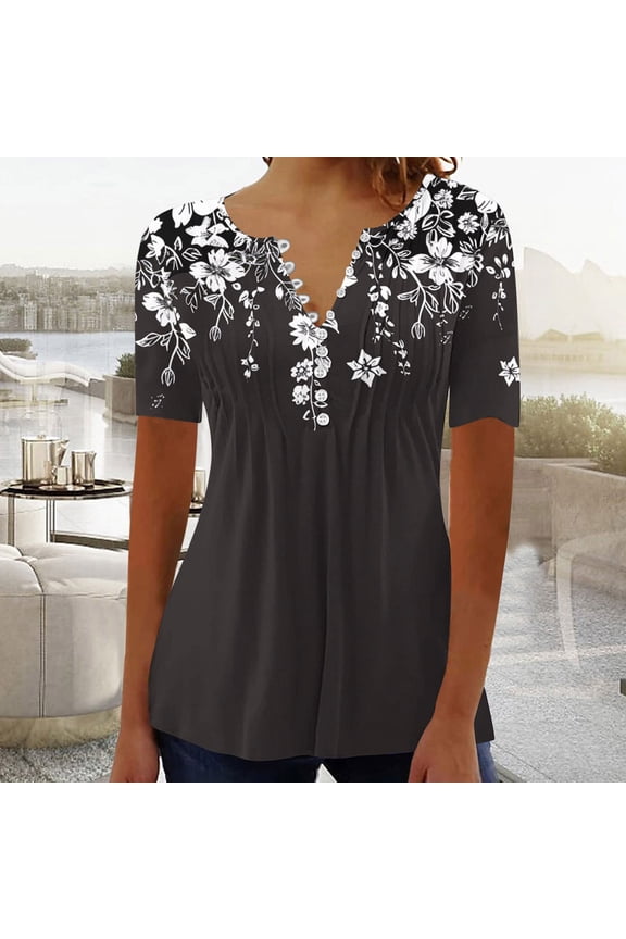 Womens Tops Hide Belly Shirts Summer Pleated Button V Neck T-Shirt Causal Empire Waist A-Line Floral Tunic Tops Plus Size