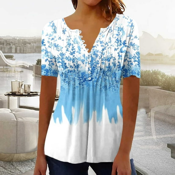 Jsaierl Womens Tops Hide Belly Shirts Summer Pleated Button V Neck T-Shirt Causal Empire Waist A-Line Floral Tunic Tops Plus Size