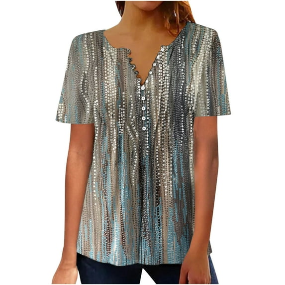 Jsaierl Womens Tops Plus Size Shirts Summer Pleated Button V Neck T-Shirt Causal Floral Tunic Tops