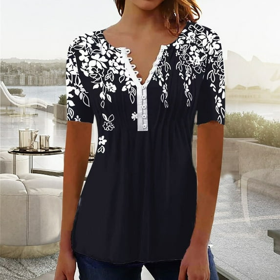 Jsaierl Womens Tops Hide Belly Shirts Summer Pleated Button V Neck T-Shirt Causal Empire Waist A-Line Floral Tunic Tops