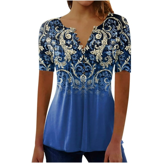 Jsaierl Womens Tops Hide Belly Shirts Summer Pleated Button V Neck T-Shirt Causal Empire Waist A-Line Floral Tunic Tops