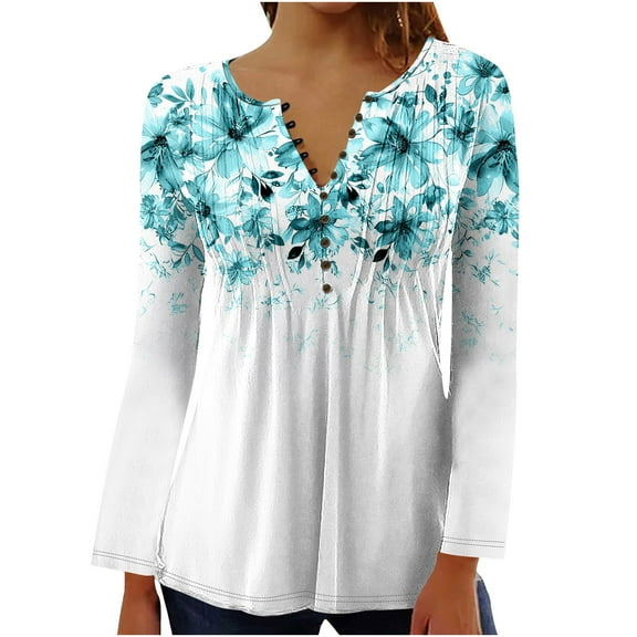 Jsaierl Womens Tops Plus Size Hide Belly Shirts Fall Pleated Button V Neck T-Shirt Causal Empire Waist A-Line Floral Tunic Tops