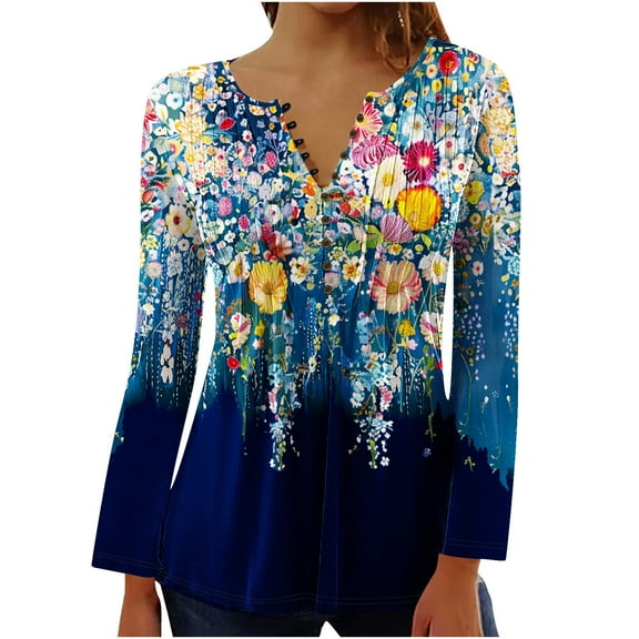 Jsaierl Womens Tops Plus Size Hide Belly Shirts Fall Pleated Button V Neck T-Shirt Causal Empire Waist A-Line Floral Tunic Tops