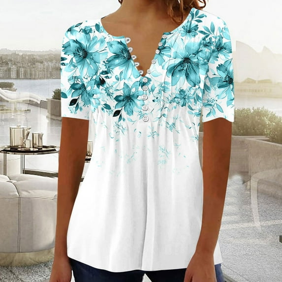 Jsaierl Womens Tops Plus Size Hide Belly Shirts Summer Pleated Button V Neck T-Shirt Causal Empire Waist A-Line Floral Tunic Tops