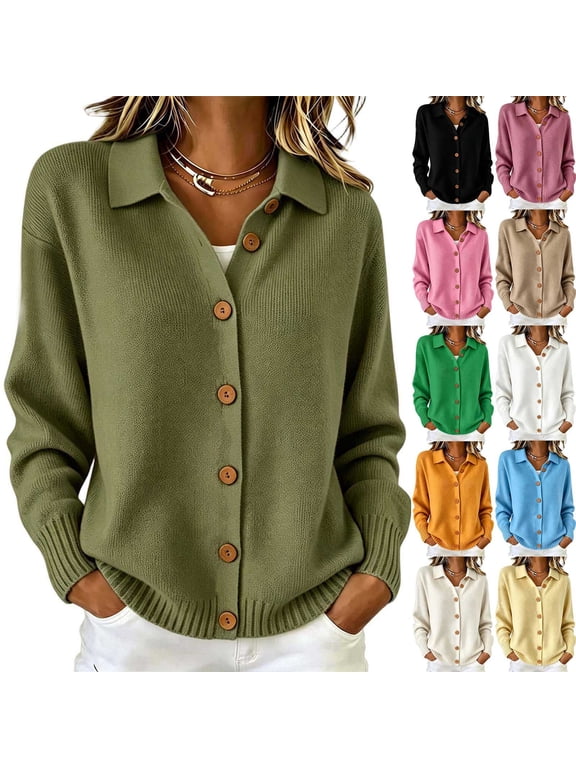 Womens Trendy Collared Button Down Long Sleeve Cardigans Sweaters with Curved Hem Soft Comfortable Casual Tops