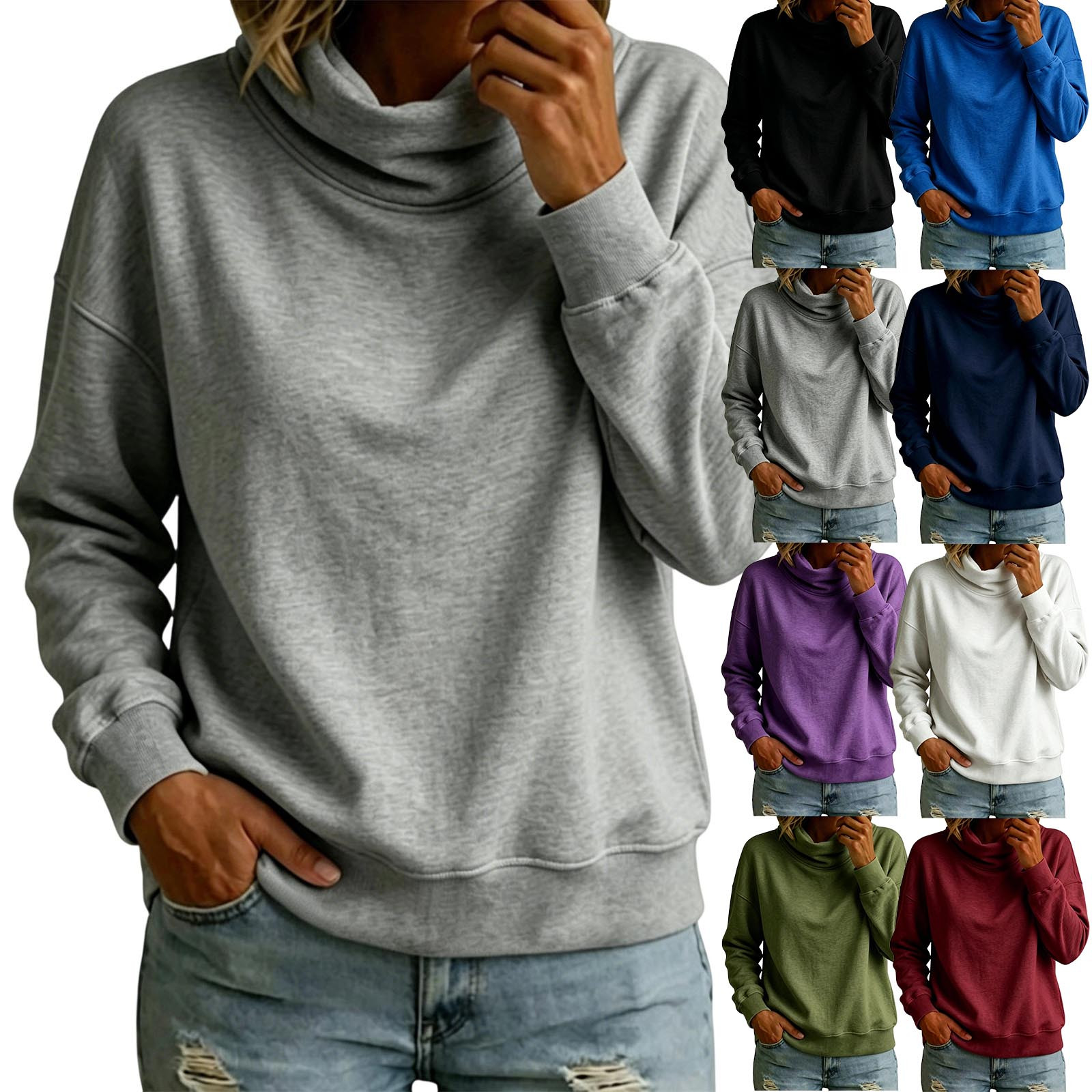 Jsaierl Womens Turtleneck Lightweight Sweatshirts Loose Fit Solid Color Sweatshirt Trendy Pullover Soft Long Sleeve Tops Fall Clothes S-2XL