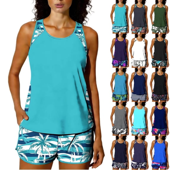 Jsaierl Womens Two Piece Tankini Bathing Suits Blouson Swim Tops Casual Print Swimwear Loose Fit Beach Modest Beachwear with Boyshorts Tankini Swimsuits