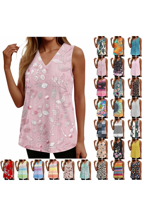 Womens V Neck Hollow Out Sleeveless Vest, Tropical Banana Leaf Print Eyelet Cutout Tank Top, Boho Beach Casual Summer Blouse