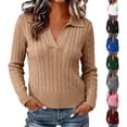 thumbnail image 1 of Jsaierl Womens V Neck Sweaters Cable Knit Stretchy Long Sleeve Pullover Fall Casual Lapel Tops, 1 of 10