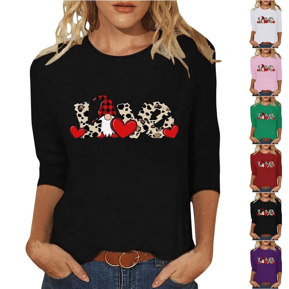 Jsaierl Womens Valentine's Day Shirts Plus Size Love Heart Graphic Tees Casual 3/4 Sleeve Blouse Round Neck Holiday T-shirt Tops Spring Clothes for Women