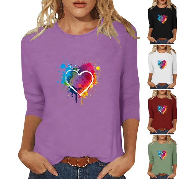 Jsaierl Womens Valentine's Day Shirts Plus Size Love Heart Graphic Tees Stretch 3/4 Sleeve Blouse Crewneck Holiday T-shirt Tops Womens Spring Fashion