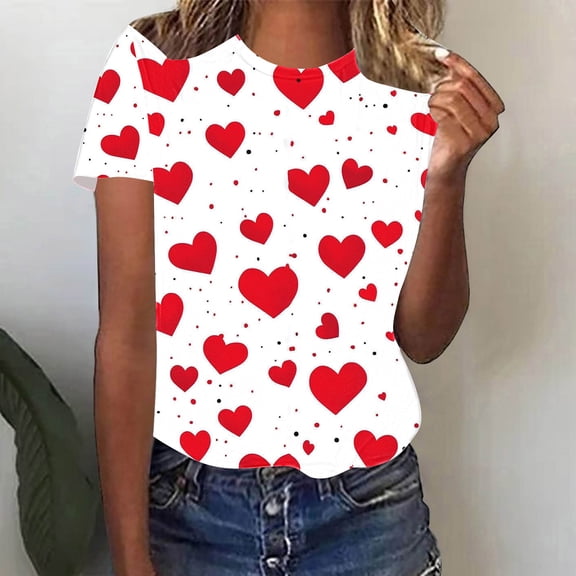Jsaierl Womens Valentine's Day Shirts Sweet Love Heart Graphic Tees Stretch Short Sleeve Blouse Crewneck Going Out T-shirt Tops Womens Fashion