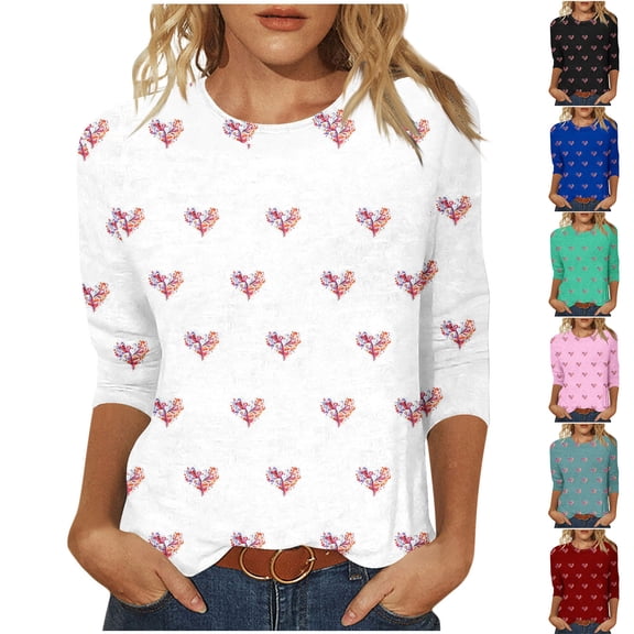 Jsaierl Womens Valentine's Day Shirts Sweet Love Heart Graphic Tees Trendy 3/4 Sleeve Blouse Crewneck Holiday T-shirt Tops Spring Clothes for Women