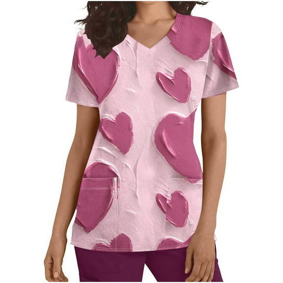 Jsaierl Womens Valentine's Day Shirts Sweet Love Heart Graphic Tees Work Short Sleeve Blouse V Neck Holiday T-shirt Tops Spring Clothes for Women