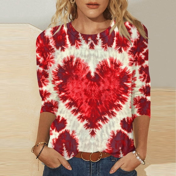 Jsaierl Womens Valentine's Day Shirts Sweet Love Heart Print Tees Work 3/4 Sleeve Blouse Crewneck Holiday T-shirt Tops Womens Spring Fashion