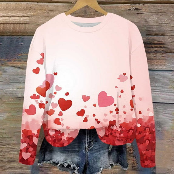 Jsaierl Womens Valentine's Day Sweatshirts Cute Love Heart Print Sweatshirts Trendy Pullover Sweater Tops Crewneck Dressy Casual Long Sleeve Shirts for Women