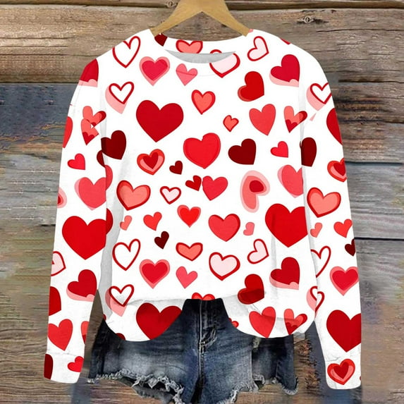 Jsaierl Womens Valentine's Day Sweatshirts Cute Love Heart Print Sweatshirts Trendy Pullover Sweater Tops Crewneck Dressy Casual Long Sleeve Shirts for Women
