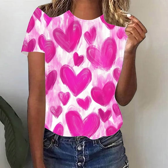 Jsaierl Womens Valentines Day Shirts Cute Love Heart Print Tees Stretch Short Sleeve Blouse Crewneck Tunic T-shirt Tops Womens Fashion
