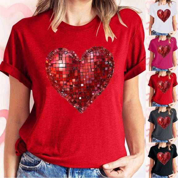 Jsaierl Womens Valentines Day Shirts Love Heart Graphic Tees Trendy Short Sleeve Blouse Crewneck Going Out T-shirt Tops Spring Clothes for Women