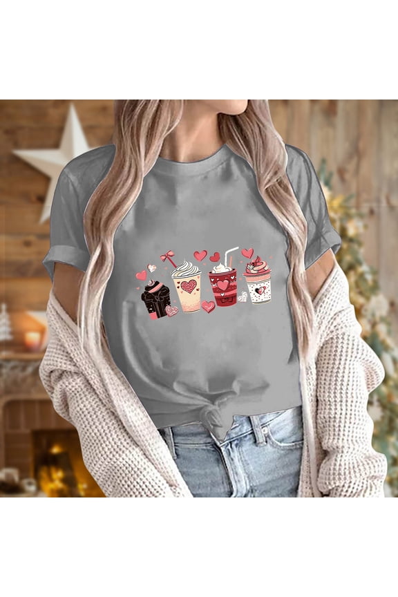Womens Valentines Day Shirts Plus Size Love Heart Graphic Tees Stretch Short Sleeve Blouse Round Neck Tunic T-shirt Tops Spring Clothes for Women