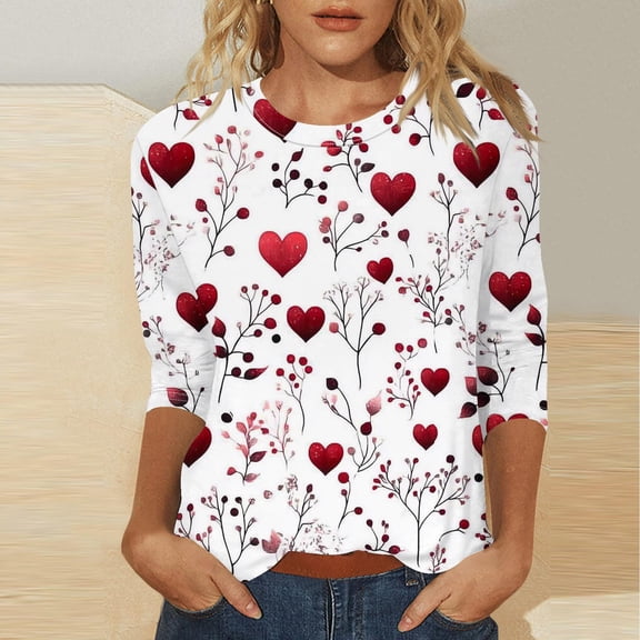 Jsaierl Womens Valentines Day Shirts Plus Size Love Heart Graphic Tees Trendy 3/4 Sleeve Blouse Round Neck Holiday T-shirt Tops Spring Clothes for Women