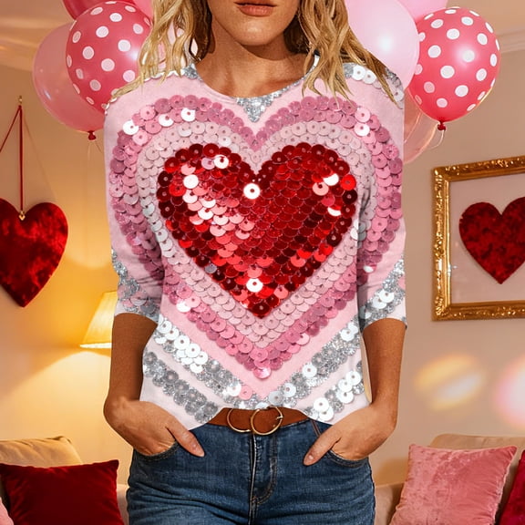 Jsaierl Womens Valentines Day Shirts Plus Size Love Heart Print Tees Stretch 3/4 Sleeve Blouse Crewneck Dressy Casual T-shirt Tops Spring Clothes for Women