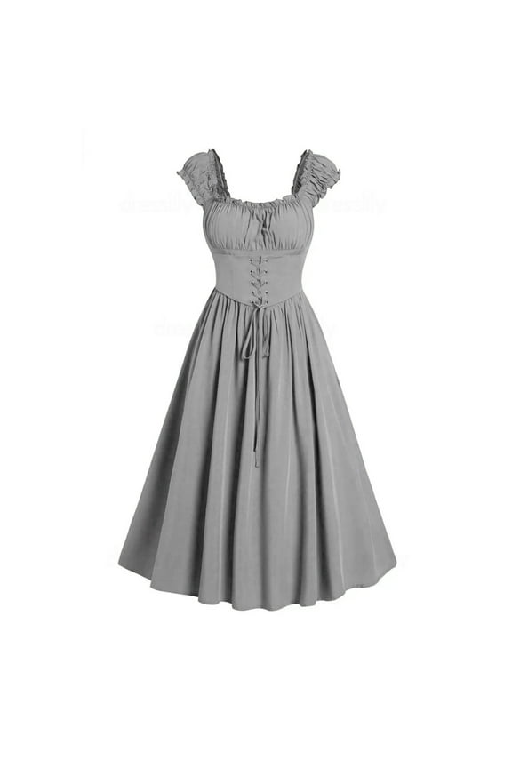 Womens Vintage Medieval Dress Renaissance Pleated Dress with Corset Patchwork Ball Gown Sleeveless Lace Up Midi Dresses