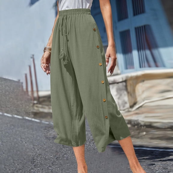 Jsaierl Womens Wide Leg Cotton Linen Capris Pants Summer Elastic Waist Pant Casual Flowy Drawstring Comfy Trousers Yoga Bottom Pants