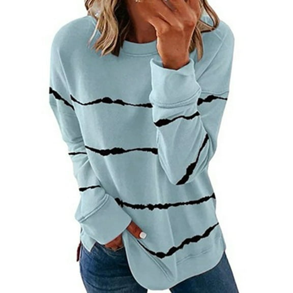 Jsaierl Womens Workout Sweatshirts Crew Neck Casual Plus Size Sweatshirt Oversized Striped Print Top Long Sleeve Side Slit Cute Sweatshirt