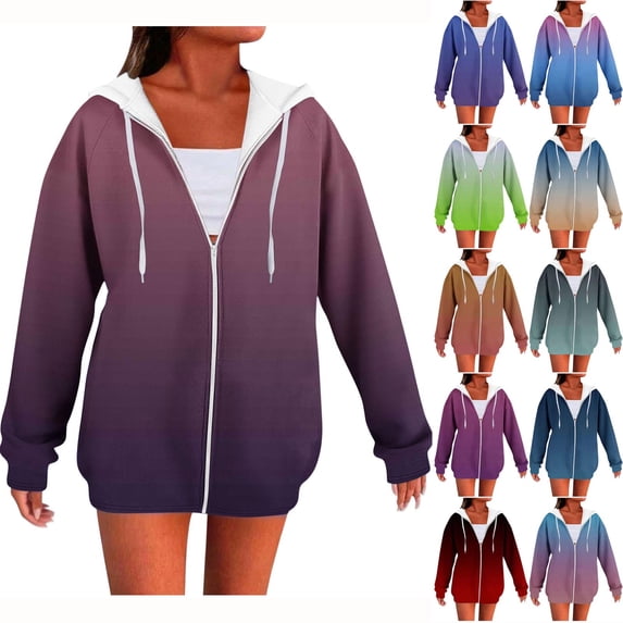 Jsaierl Womens Zip Up Hoodies Basic Gradient Hooded Sweatshirt Athletic Comfort Raglan Long Sleeve Jackets Fall Clothes S-2XL