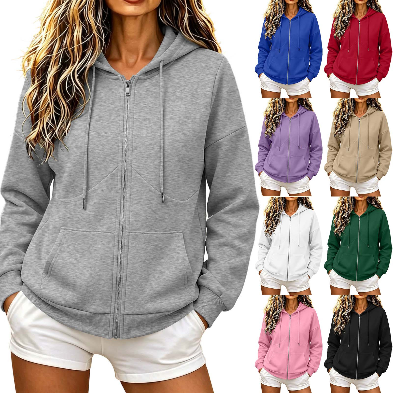 Jsaierl Womens Zip Up Hoodies Plus Size Solid Color Hooded Sweatshirt Lightweight Fashion Jackets Cozy Jogging Long Sleeve Outerwears