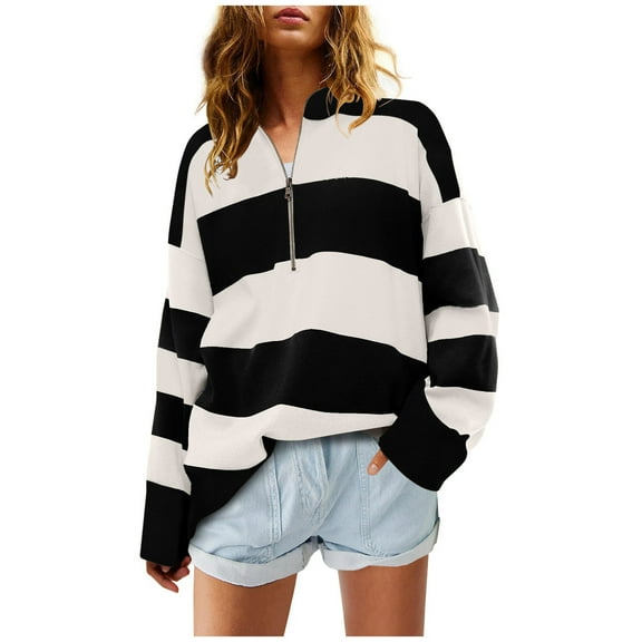Jsaierl Zip Mock Neck Sweatshirts for Women Loose Fit Color Blocked Sweatshirts Striped Casual Long Sleeve Pullover Tops