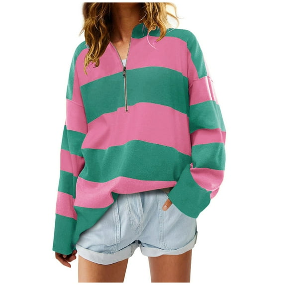 Jsaierl Zip Mock Neck Sweatshirts for Women Loose Fit Color Blocked Sweatshirts Striped Casual Long Sleeve Pullover Tops