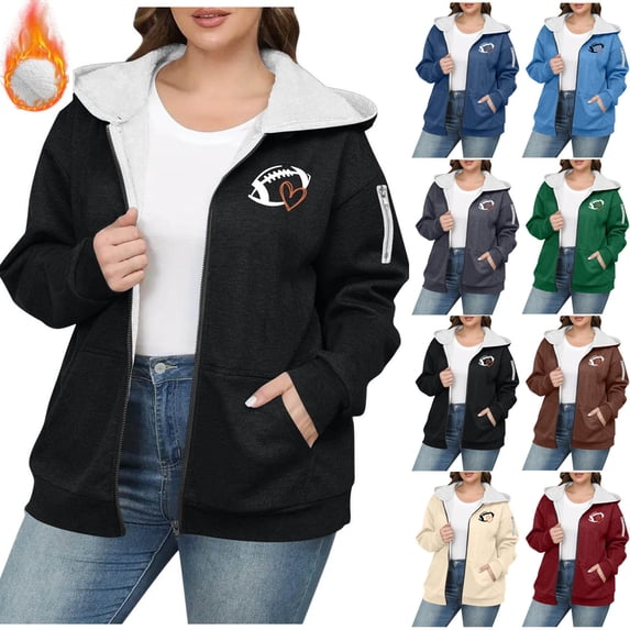 Jsaierl Zip Up Hoodies for Women Casual Football Print Hooded Sweatshirt Classic Comfort Long Sleeve Jackets Winter Fashion L-5XL