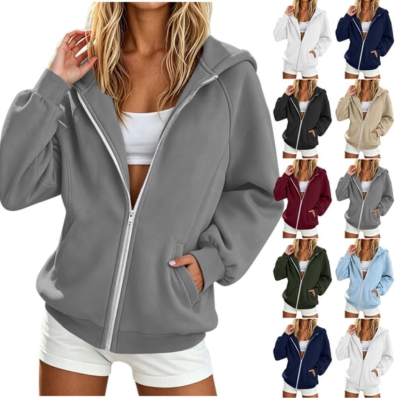 Jsaierl Zip Up Hoodies for Women Casual Solid Color Hooded Sweatshirt Fashion Work Long Sleeve Jackets Fall Clothes S-2XL