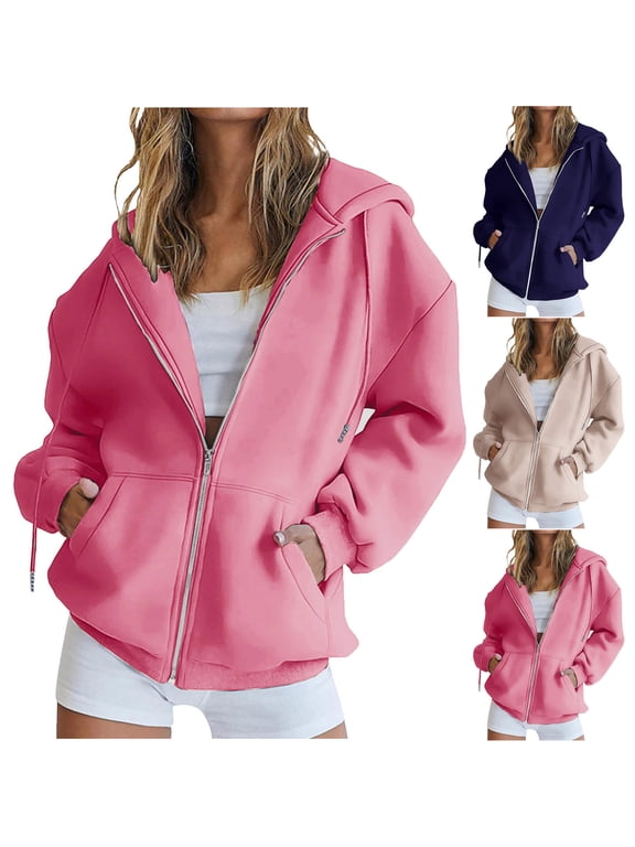 Zip Up Hoodies for Women Plus Size Solid Color Hooded Sweatshirt Classic Work Long Sleeve Jackets Winter Fashion S-5XL