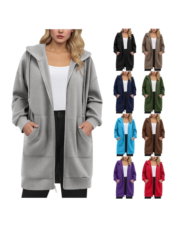 Zip Up Long Hoodies for Women Plus Size Solid Color Hooded Sweatshirt Classic Soft Long Sleeve Jackets Fall Clothes S-3XL